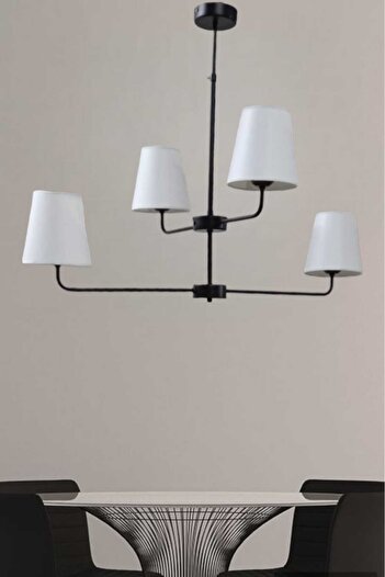 BSA LIGHTING KUMRU 4'LÜ ABAJURLU SİYAH MODERN AVİZE (KONİK KREM ABAJURLU)