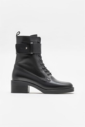 Elle Shoes Siyah Deri Kadın Topuklu Bot