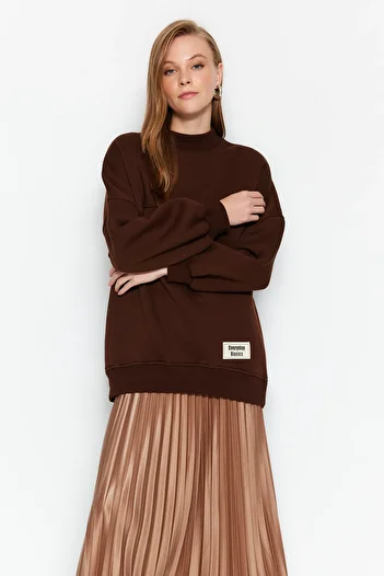 Trendyol Modest Πλεκτό φλις φούτερ σε μεγάλο μέγεθος καφέ - TCTAW24TW00022