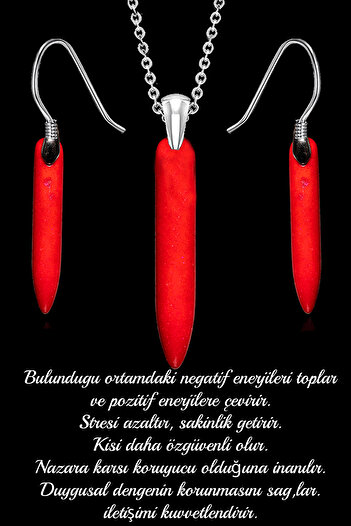Tesbih Atölyesi Certified Red Tooth Coral Stone Necklace and Earring Set - Unpainted