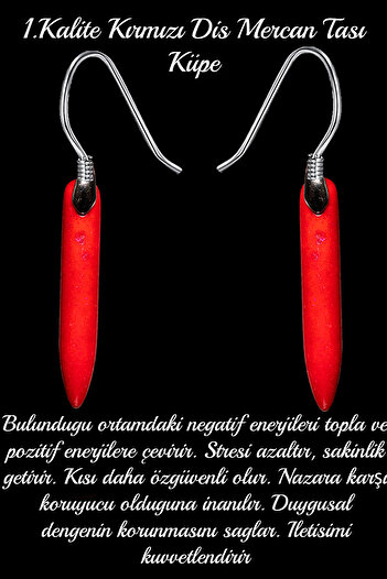 Tesbih Atölyesi Certified Red Tooth Coral Stone Natural Stone Earrings