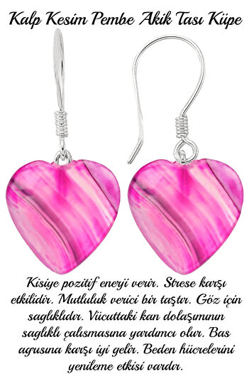 Tesbih Atölyesi Certified Heart Cut Pink Agate Stone Natural Stone Earrings