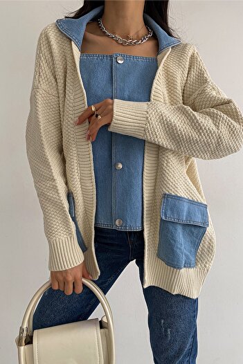 FEMELLE Women's Beige Standard Size Snap Button Double Pocket Denim Denim Detailed Design Oversize Knitwear Cardigan