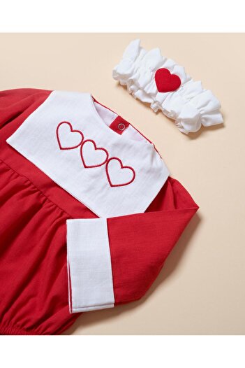 Little Ya Ya Love Baby Girl Heart Embroidery Detail Collared Romper and Bandana Set