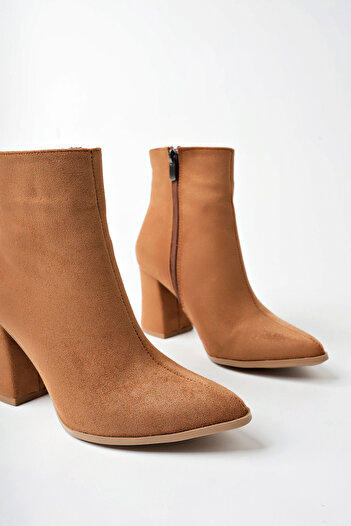 MARSHETTA Legend Model Tan Suede με μυτερή μύτη με χοντρό τακούνι με φερμουάρ στο πλάι Γυναικείες μπότες