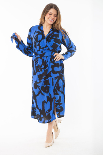 Şans Women's Plus Size Saks Woven Viscose Fabric Wrap Collar Front Slit Dress 65N37341