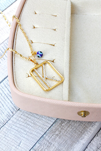Neva GOLD PLATED ARPA CHAIN NAVY BLUE MURANO EVIL EYE STONE LETTER BIGUTER NECKLACE