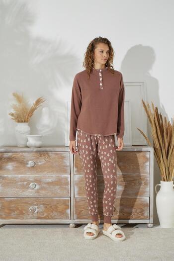 Sevim Women's Long Sleeve Jacquard Thick Brown Pajamas Set C1T5N1O94
