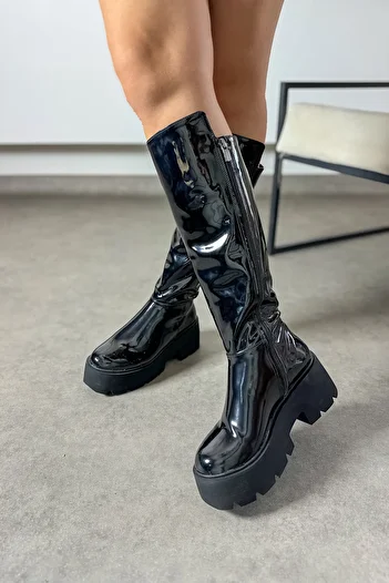 SHOEBELLAS Engla Black Patent Leather Zippered Women's Boots