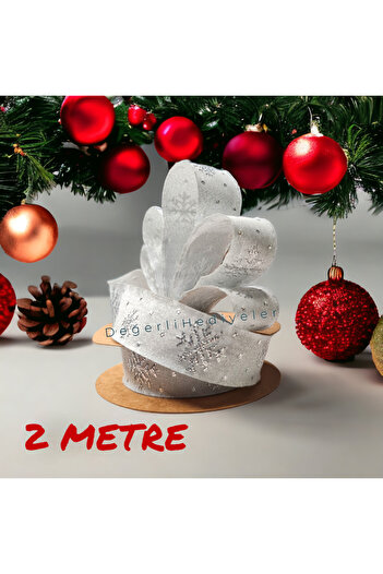GÜLSEMALİ 2 ΜΕΤΡΑ Ασημί Glitter Snowflake Χριστουγεννιάτικη Κορδέλα Κουτί Στολίδι Κορδέλα Δέντρο Στολίδι Κορδέλα