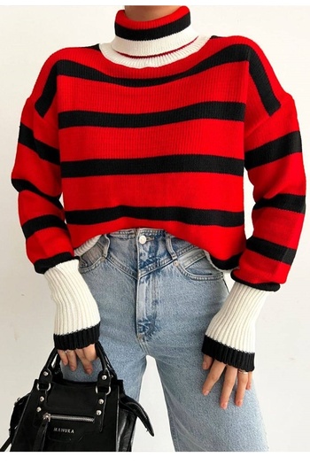 vuvutasarım New Season Stripe Detailed High Neck Oversize Knitwear Sweater 0243