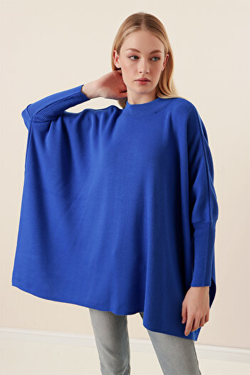 lovebox Side Slit Detail Bat Sleeve Round Collar Oversize Wide Fit Saks Blue Knitwear Sweater 15783