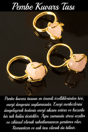 Tesbih Atölyesi Certified Gold Rococo Model Pink Quartz Stone Ring - Adjustable