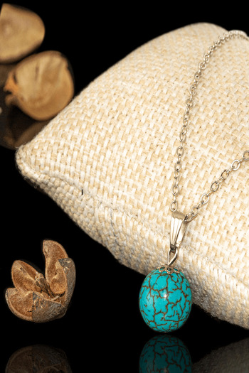 Tesbih Atölyesi Certified Sphere Cut Turquoise Stone Necklace and Earring Natural Stone Set