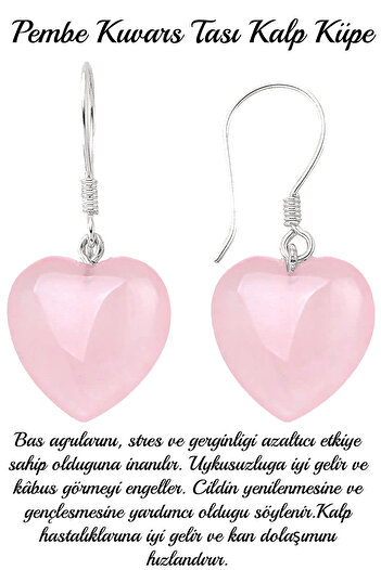 Tesbih Atölyesi Certified Heart Cut Pink Quartz Stone Natural Stone Earrings