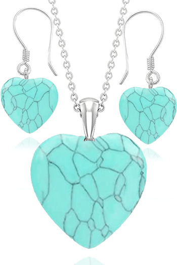 Tesbih Atölyesi Certified Heart Turquoise Necklace and Earring Set