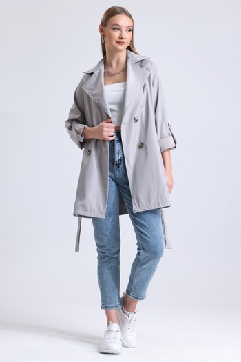 MD trend Women's Stone Double Breasted Collar Belted Pocket Unlined Short Trench Coat