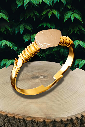 Tesbih Atölyesi Certified Broken Stone Gold Model Light Pink Quartz Stone Ring - Adjustable