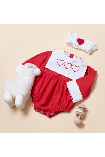 Little Ya Ya Love Baby Girl Heart Embroidery Detail Collared Romper and Bandana Set