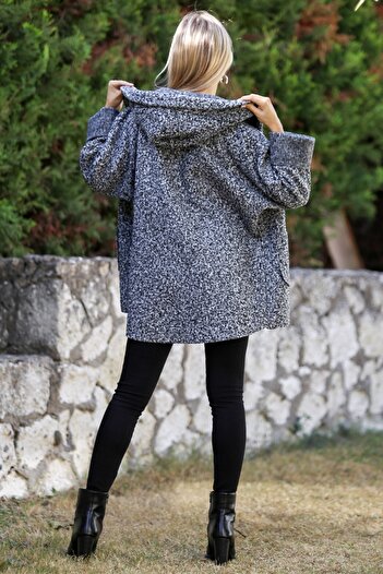 Chiccy Gray Hooded Long Sleeve Zippered Double Pocket Woven Boucle Coat