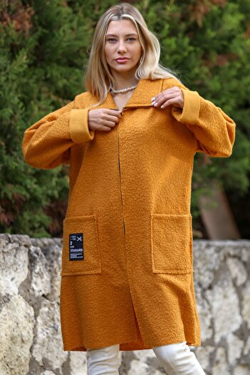 Chiccy Italian Mustard Color Stand-up Collar Long Sleeve Zippered Double Pocket Woven Boucle Coat