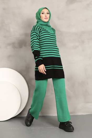 Maystore Stand Collar - Zippered Thin Striped Knitwear Set