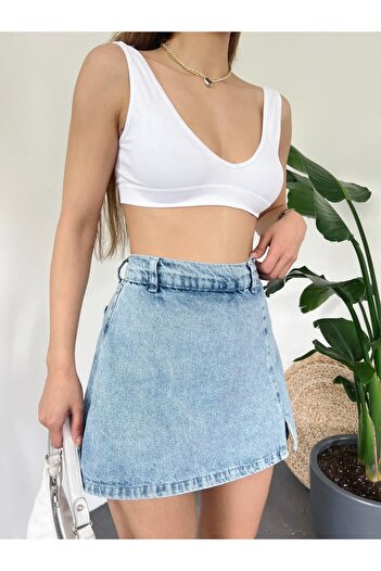 LB Laluna Butik Kadın Denim Mini Şortlu Etek Kot Kumaş