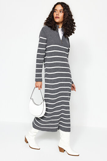 Trendyol Modest Anthracite Striped Zipper Detailed Knitwear Dress TCTAW24EB00019