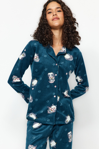 Trendyol Collection Set de pijamale tricotate de iarnă din lână cu model pinguin petrol THMAW22PT0356