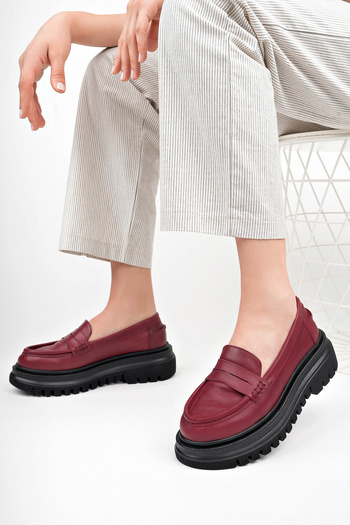 Deripabuc Genuine Leather Claret Red Women's Daily Thick Sole Leather Loafer Shoes Trc-216675