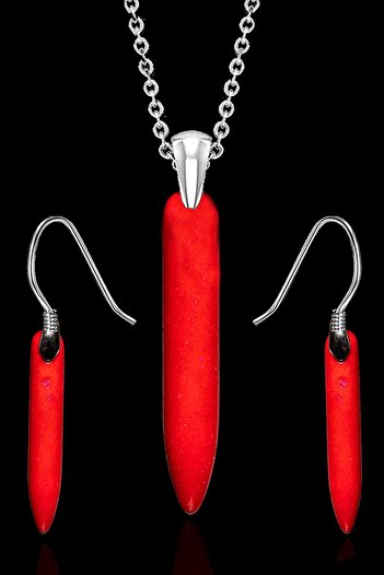 Tesbih Atölyesi Certified Red Tooth Coral Stone Necklace and Earring Set - Unpainted