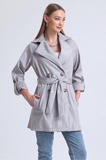 MD trend Women's Stone Double Breasted Collar Belted Pocket Unlined Short Trench Coat