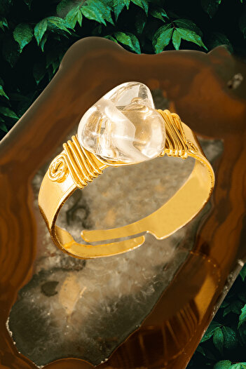 Tesbih Atölyesi Certified Thick Tımbıl Gold Model Crystal Quartz Stone Ring - Adjustable