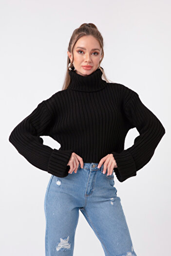 Lafaba Women's Black Wide Ribbed Turtleneck Crop Sweater