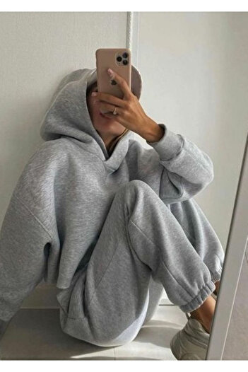Josette Düz Basic Kışlık Alt Üst Takımı Sweatshirt Eşofman Altı - Gri Oversize Kapüşonlu