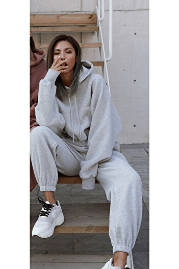 Josette Düz Basic Kışlık Alt Üst Takımı Sweatshirt Eşofman Altı - Gri Oversize Kapüşonlu