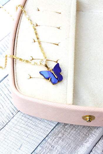 Neva GOLD PLATED ARPA CHAIN NAVY BLUE COLOR BUTTERFLY BIGUTER NECKLACE