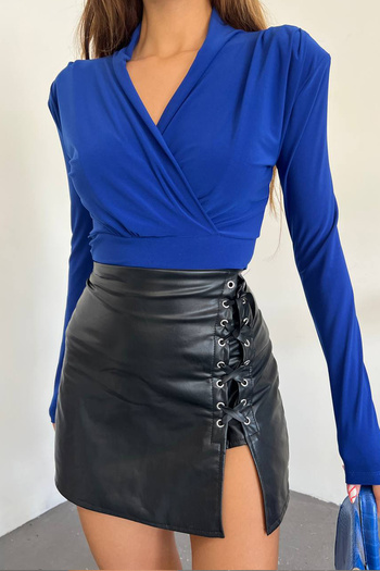 Ortaya Çık Navy Blue Padded Drape Detail Blouse