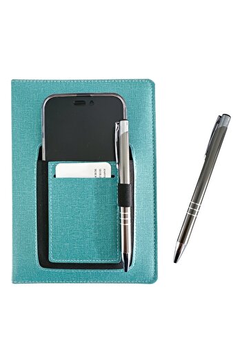 ORANLI PROMOSYON Thermo Leather Turquoise Notebook with Phone and Card Pocket Striped Undated Notebook with Pen Gift
