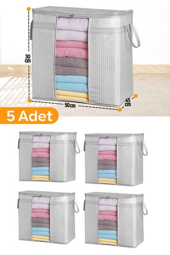 Serstil 5 Adet - Pencereli Saklama Çantası 50 X 45 X 30 Cm - Gri Benekli