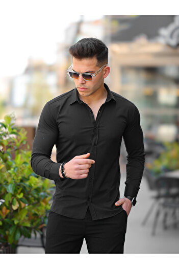Ser Joven Cămașă neagră pentru bărbați, cu guler clasic, din bumbac, uni, slim fit
