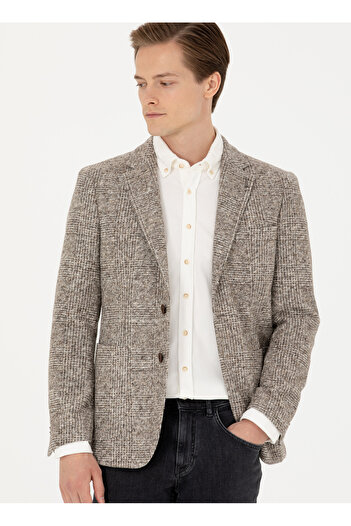 Cacharel Slim Fit Bej Erkek Ekose Ceket ARISA
