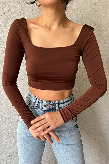 Seda Yalçın Atelier Brown Long Sleeve Square Collar Crop