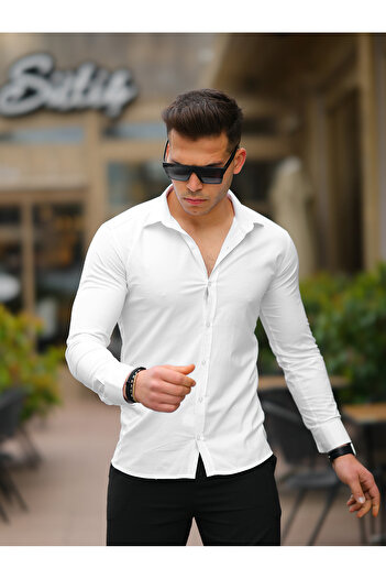 Ser Joven Cămașă albă pentru bărbați, cu guler clasic, din bumbac, uni, slim fit
