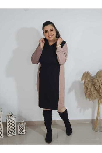BİrHoşButik PLUS SIZE LYCRA HOODED SPORTS SLEEVE BELTED SEASONAL MIDI LENGTH SOFT ROSE AND BLACK DRESS
