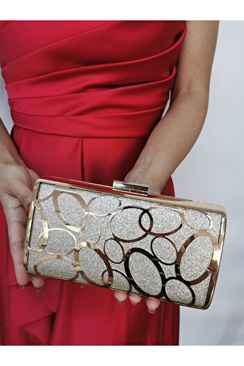 NAZART Kadın Kumsim Altın Gold Abiye Clutch Portföy El Düğün Nişan Gece Çantası