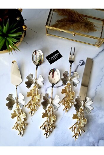 CASA DE BELLA 5 Piece Butterfly Patterned Gold Handle Serving Set
