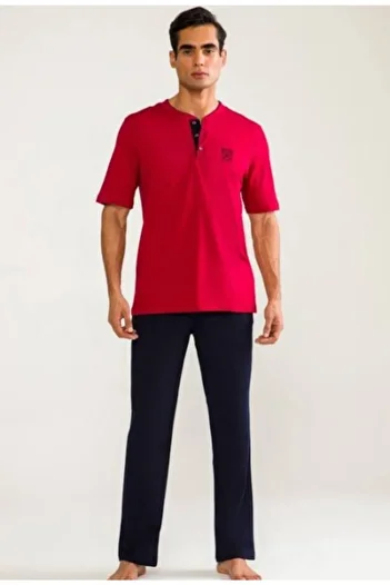 D'S Damat Men's Claret Red 3-Piece Short Sleeve Pajama Set