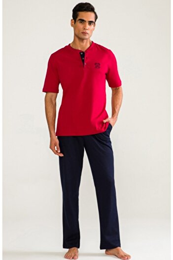 D'S Damat Men's Claret Red 3-Piece Short Sleeve Pajama Set