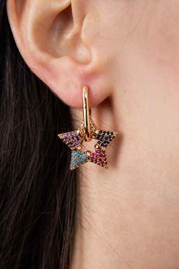 Elika Silver Women's Colorful Jewelled Star Model Earrings